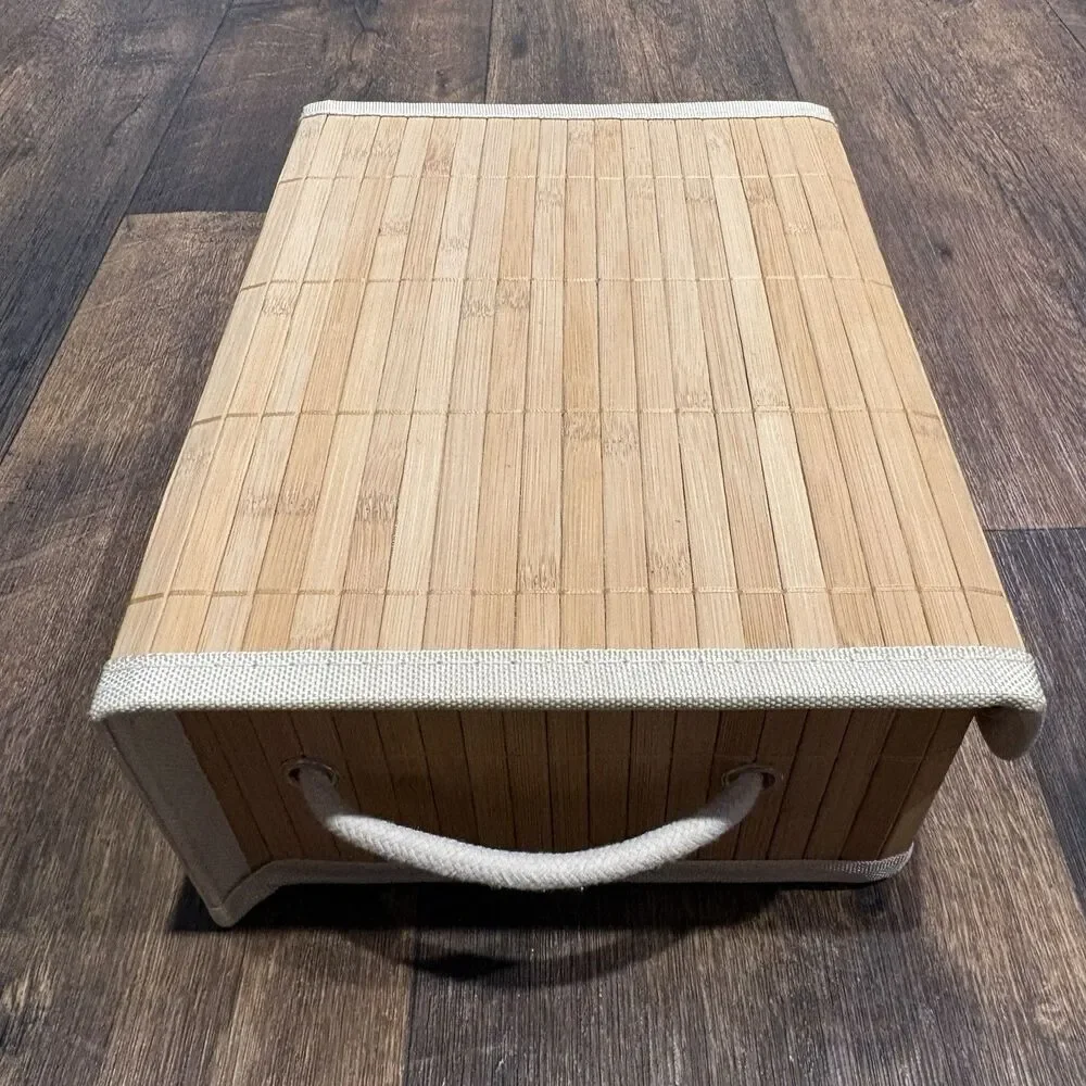 Dwell Studio Bamboo Lidded Storage Basket Box Natural Woven Rope Handles
